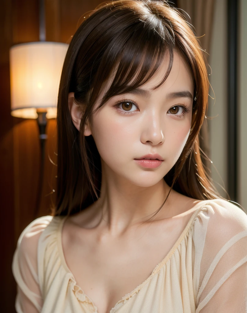 best quality, face focus, soft light, ultra high res, (photorealistic:1.4), RAW photo,
1japanese girl, solo, cute, (pupil, lights in the eyes),  detailed beautiful face, (small chest),(high resolution detail of human skin texture),
(long hair),
indoor,
Damask Shirt Dress,
(portrait)