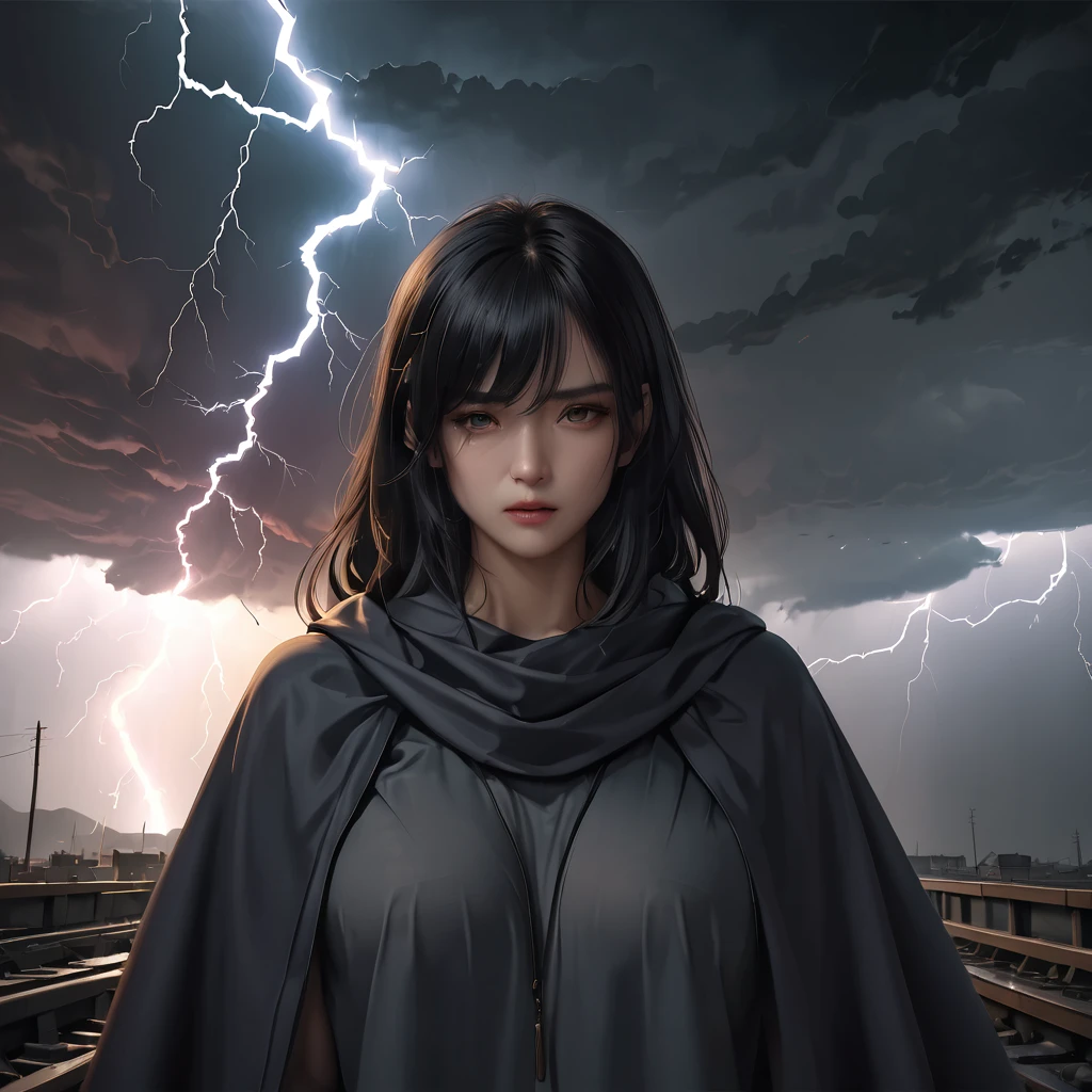 A woman wearing a thin, gauzy poncho-like garment, floating lifelessly in the unsettling sky, surrounded by ominous, roiling storm clouds, numerous bolts of lightning, being struck by lightning, her body glowing from the electrical discharge, the poncho far larger than her frame, billowing in the wind, (best quality,4k,8k,highres,masterpiece:1.2),ultra-detailed,(realistic,photorealistic,photo-realistic:1.37),dark and moody atmosphere, dramatic lighting, hyper-realistic, cinematic, dramatic, surreal, unsettling, atmospheric, chiaroscuro lighting, dramatic color palette, deep shadows, ominous, brooding, melancholic