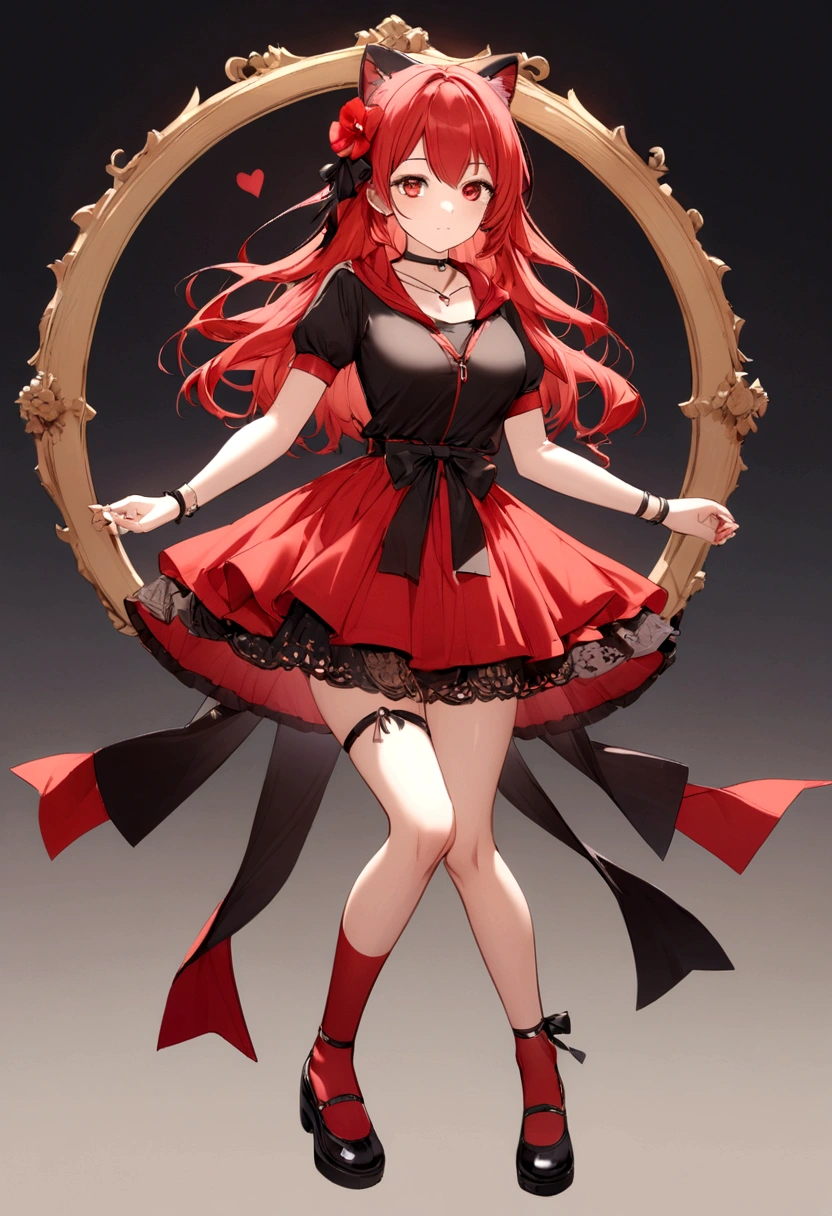 a girl with a red skirt and a black skirt that is under the red shirt . red stockings . red zip up hoodie, black shirt underneath with short sleeves and ,red hair, long hair and a flower with a ribbon on the bottom on the side on the hair and red eyes has a black Choker , and a small heart red necklace , has a ribbon bow waistband ,( full body)
