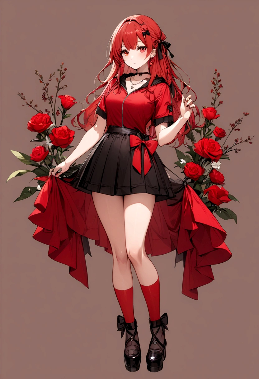 a girl with a red skirt and a black skirt that is under the red shirt . red stockings . red zip up hoodie, black shirt underneath with short sleeves and ,red hair, long hair and a flower with a ribbon on the bottom on the side on the hair and red eyes has a black Choker , and a small heart red necklace , has a ribbon bow waistband ,( full body)
