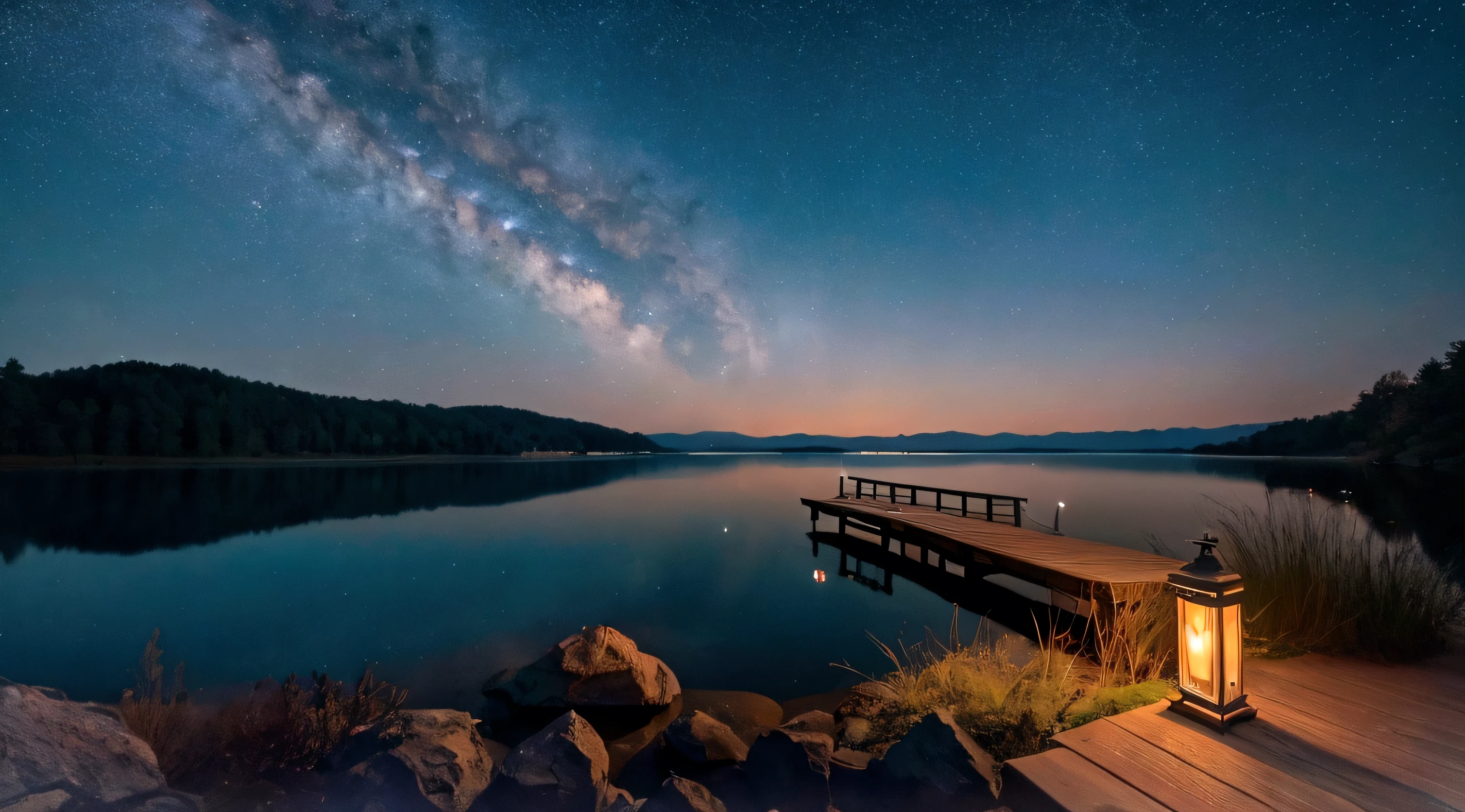 Lakeside、Beautiful lake、evening、The vast starry sky、Cinematic、Movie Scenes、8K、high resolution。