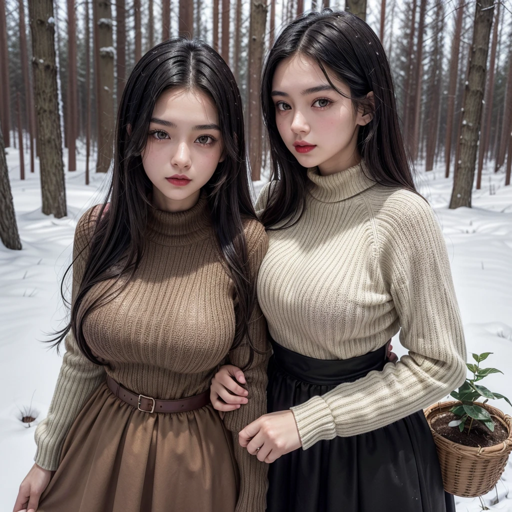 17 year old girl, long dark black hair, clear skin, big brown eyes, slim appearance, with big breast, Red lips, She wears a medieval peasant dress with a sweater and is collecting plants in the forest that is covered in snow.
