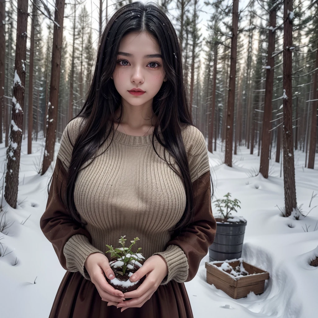 17 year old girl, long dark black hair, clear skin, big brown eyes, slim appearance, with big breast, Red lips, She wears a medieval peasant dress with a sweater and is collecting plants in the forest that is covered in snow.