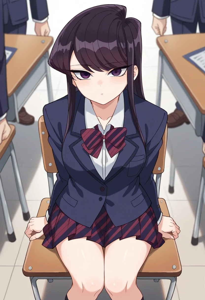 best quality, masterpiece, (school uniform, miniskirt), komi_shouko, 1 girl, alone, long hair, black hair, looking at viewer, black eyes, bangs, looking, top view, perfect female body, school background, chair school, crowd, crowd of person