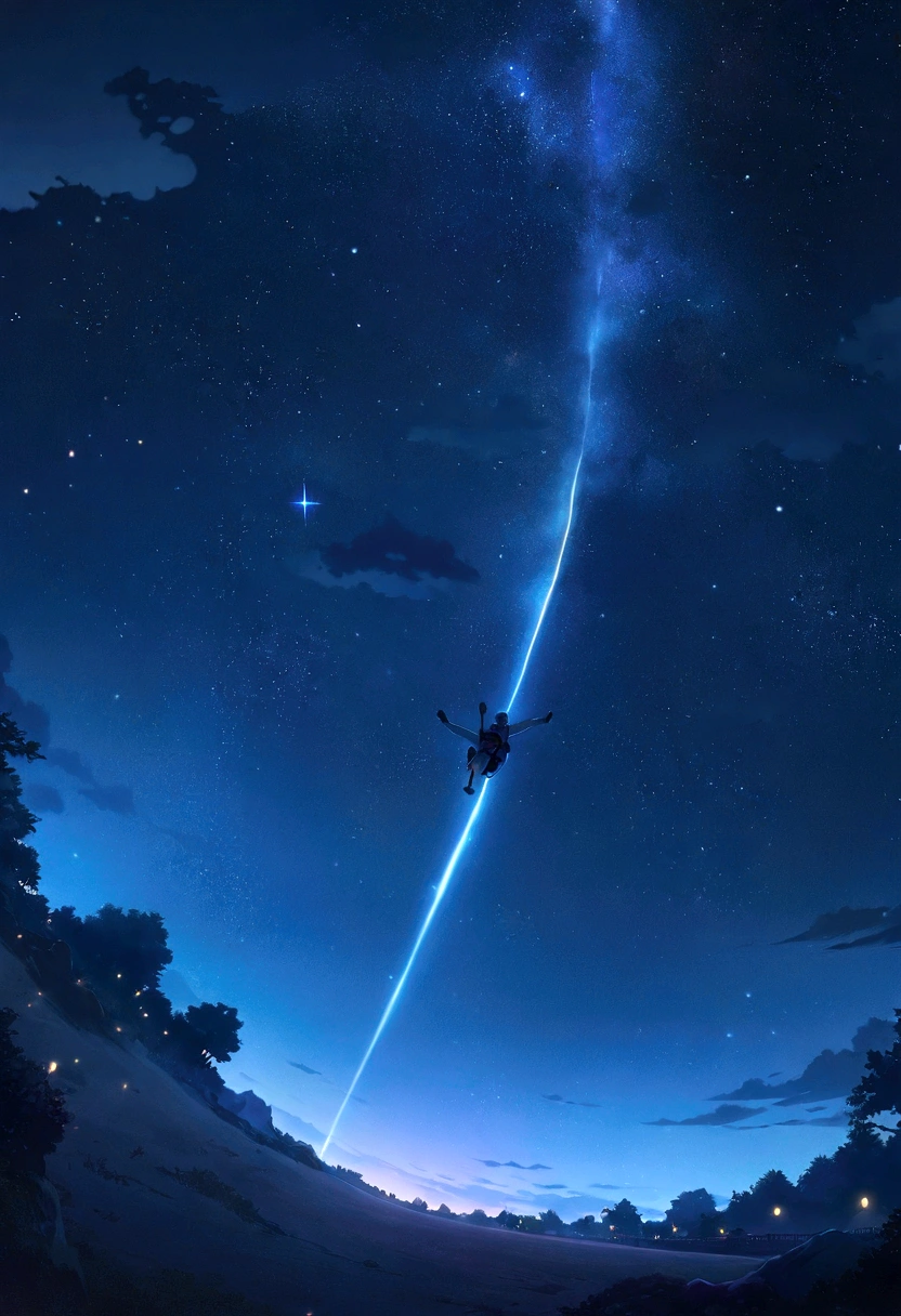 A scene of skydiving naked through a beautiful starry night sky,anime art wallpaper 4k, anime art wallpaper 4k, Anime Art Wallpapers 8K, anime wallpaper 4k, anime wallpaper 4k, 4k anime wallpaper,Man flying in the night sky、The night view below