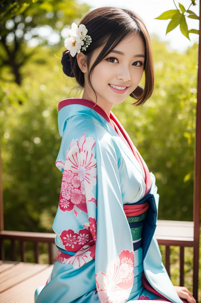 Pure Japanese kimono girl, wearing traditional kimono, natural hair styles, sweet smile, sitting relaxed mood, sweet temptation, sexual attractive, refreshing in early summer, professional portrait photography,
