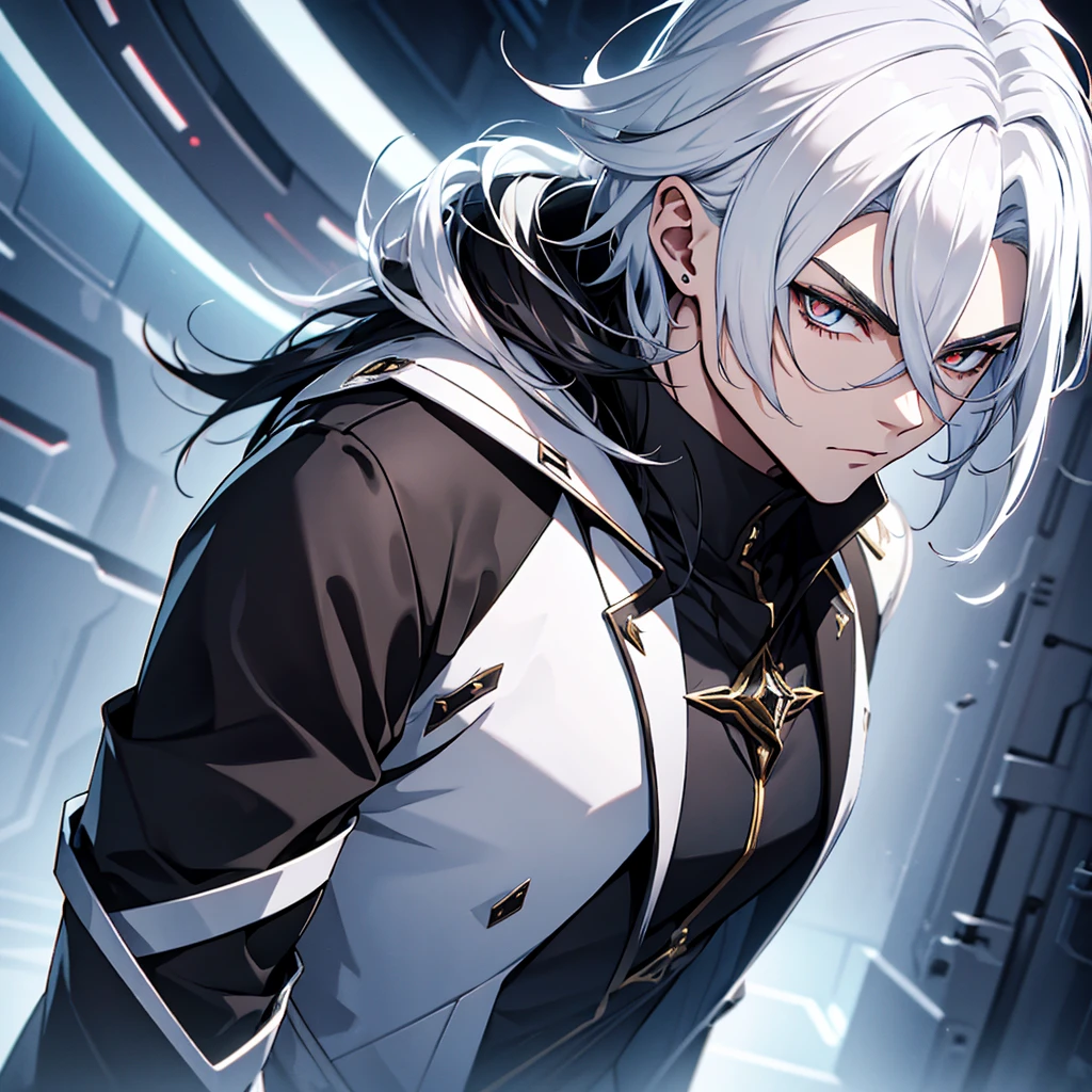 male character. black clothes. White hair. golden eyes. is in a futuristic setting.