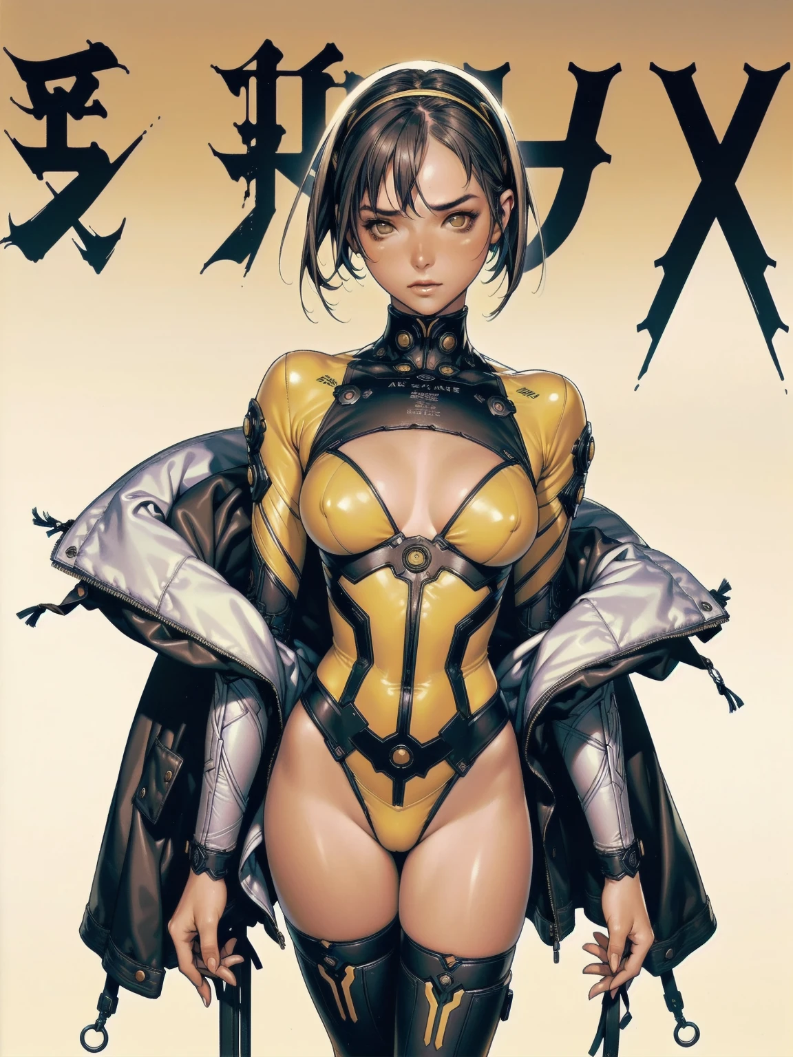 A athletic 25-year-old Russian warrior woman almost naked in the Simon Bisley style for the cover of Heavy Metal magazine, bare thighs, garter belt, super short black hair, Minimum clothing, yellow carbon fiber clothing in chevron pattern, ((((yellow clothing))), (((short-cut))), ((Annie Lennox)), (((mature woman))), cowboy shot, ((best qualityer)), (((clothes 100% yellow))), (((slim))), (Muscles),  (((cyber samurai suit))), ((Perfect masterpiece)), (detailded: 1.4), (absurdrez), (((Bob Hair))), (((full body fitness, neckline showing part of the breasts)), (((short hair woman, blushful))), 21 year old woman, beautiful sexy woman, giant robot pilot, wild with perfect corpo fitness, wearing small mecha battle armor clothes, tiny thong, Simon Bisley styled for the cover of Heavy Metal magazine, clothing with Japanese cyberpunk graphic patterns, Halftone pattern and vertical stripes, earth tone, exiting the body of a giant robot