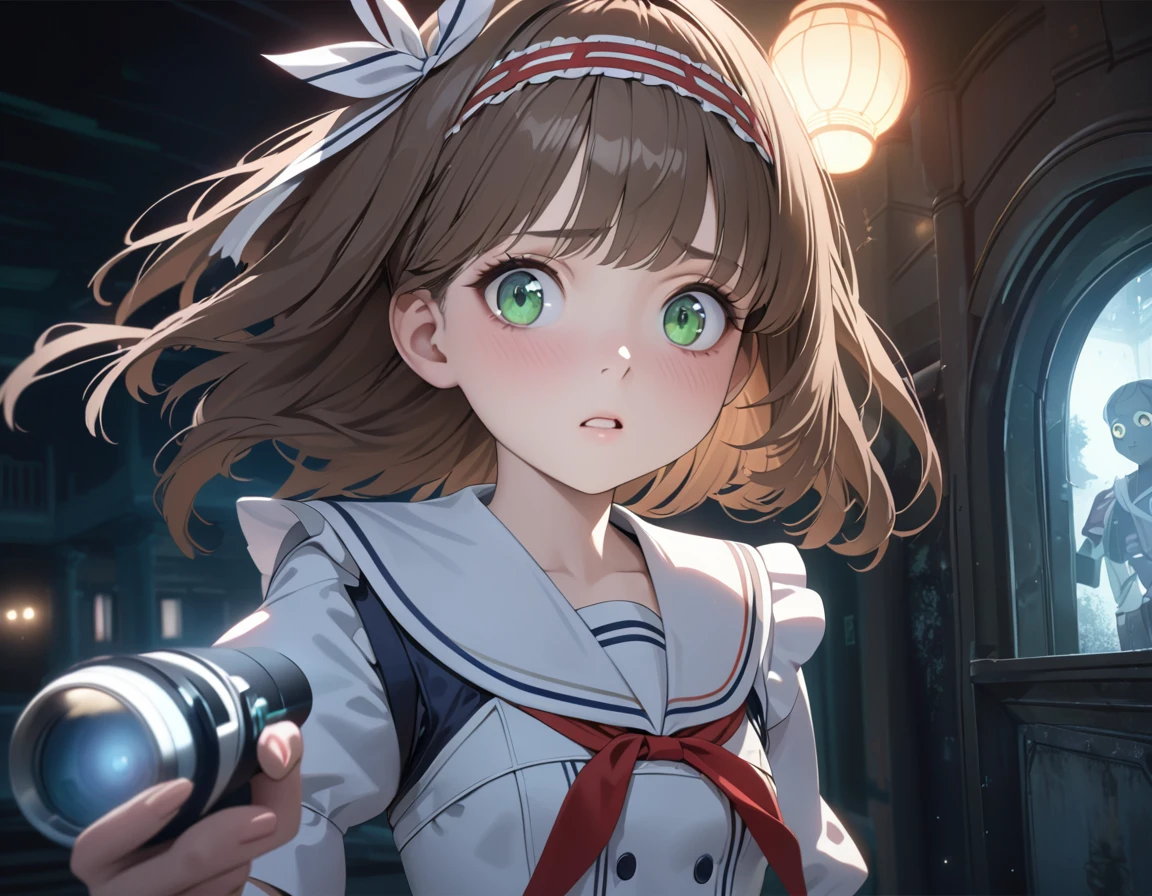 (best quality,4k,highres),ultra-detailed,realistic,portraits, Japaneese school girl, looks scared, green eyes, long brown hair,anime style,futuristic, Frutiger Aero aesthetic, eco- modernism, bokeh, ribbon headband,small breast,futuristic sailor lolita dress,puffy sleeves,white and blue,colorful lighting, red ribbon, navy blue pantyhose,sport shoes, holding a flashlight, walking alone in a abandoned haunted mansion with ghost, at night, low lighting, darkness, highly detailed, 4K.