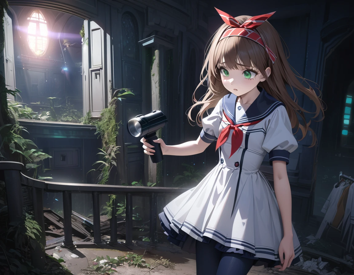 (best quality,4k,highres),ultra-detailed,realistic,portraits, Japaneese school girl, looks scared, green eyes, long brown hair,anime style,futuristic, Frutiger Aero aesthetic, eco- modernism, bokeh, ribbon headband,small breast,futuristic sailor lolita dress,puffy sleeves,white and blue,colorful lighting, red ribbon, navy blue pantyhose,sport shoes, holding a flashlight, walking alone in a abandoned haunted mansion with ghost, at night, low lighting, darkness, highly detailed, 4K.