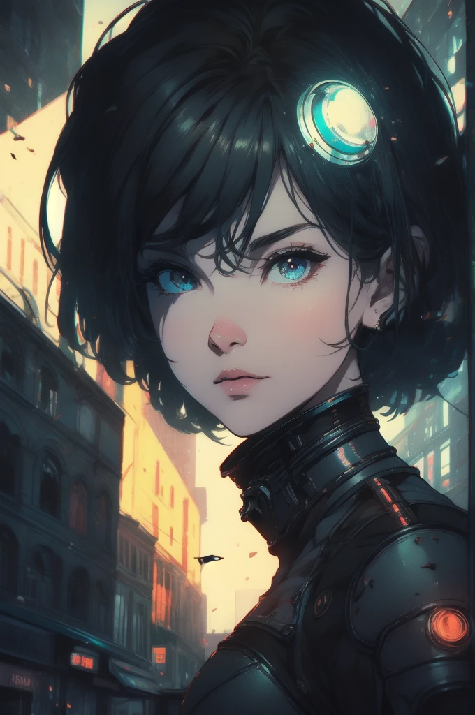 In a destroyed city of the future、Medium shot photo of a sexy female cyborg in damaged and discoloured futuristic armour, Fantasy, sf, Beautiful woman face, Fascinating, Sexual, haze, 鮮やかでFascinating目, dramatic, Top quality masterpiece, Realistic, detailed, 8K, High resolution, Shallow depth of field, Cinema Lighting, bloom, The light shines, chromatic aberration, Sharp focus