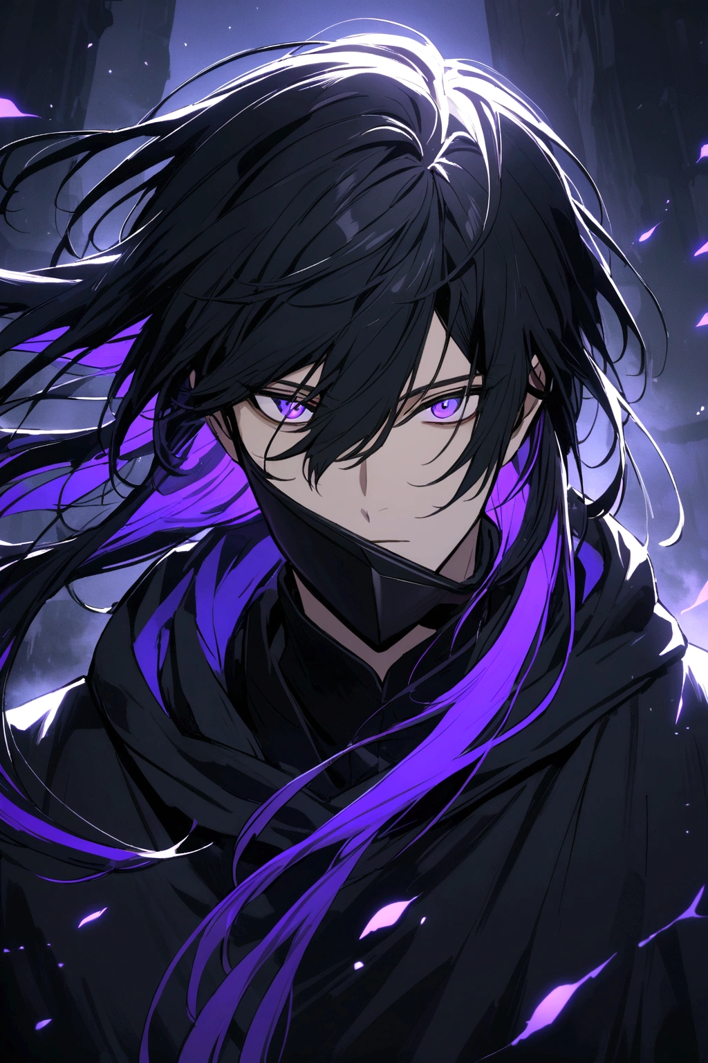 A stunning animie male with Black hair. His eyes are practically covered with his hair. His eyes are two diffrent colors, one blue, one purple. He has a black hoodie on and a black mask.