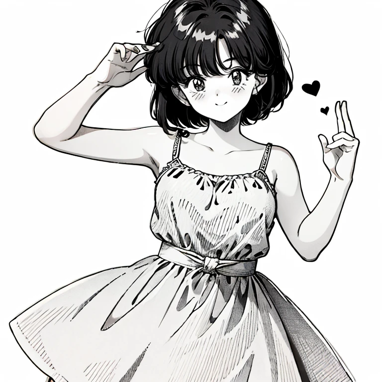 handle_sketch_style, ink, sketch,  masterpiece, Best quality, 1 girl, One, short hair, hair, eyes, embarrassed, shy, smile, closed mouth, dress, monochrome, shades of gray, masterpiece, Best quality,