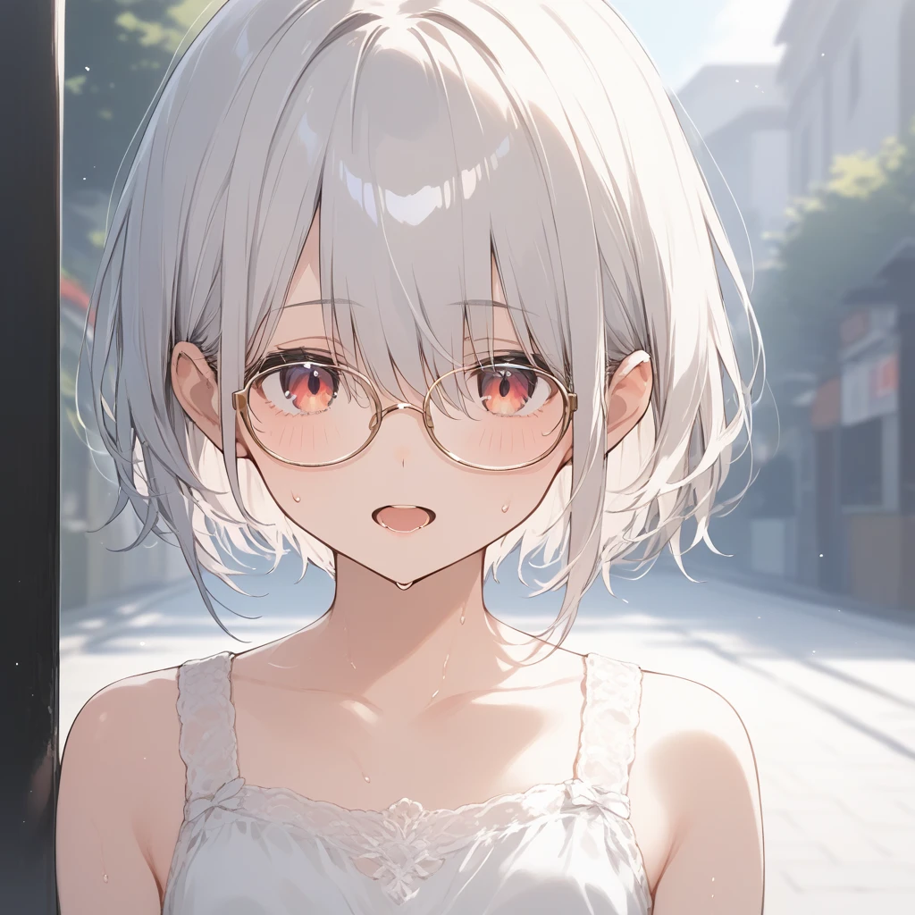 score_9, score_8_up, score_7_up, source_anime, best quality, masterpiece, official art, absurdres, highres, ultra-detailed,waifu2x,Collection: Slice of Life,break,1girl, very short hair, long bangs, hair over eyes, glasses, small breasts, sweat, open mouth, outdoors, summer, break,(clear line illustration:1.2),very high resolution, very aesthetic, super detailed skin, Best sexual lighting powered by famous artist, 8k,cute picture,beauty illustration,photoshop_(medium),,(Detailed Lighting),best anime 8k konachan wallpaper, pixiv contest winner,
