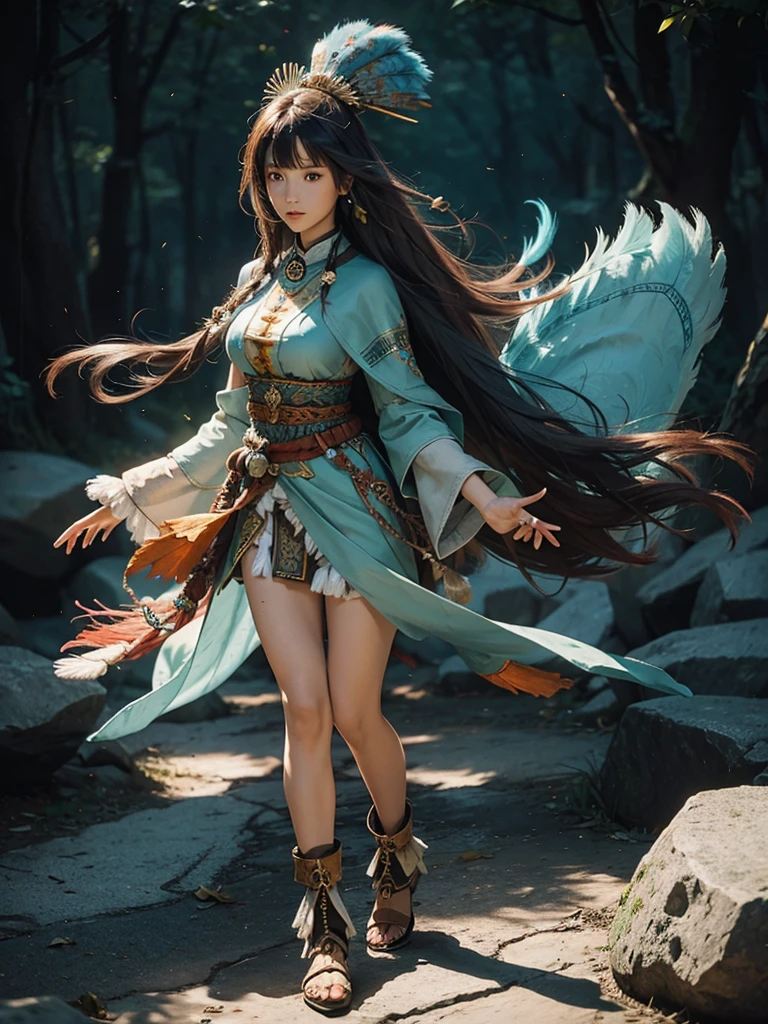 shaman girl, long legs. full colours In stone Valley. Big feathers, connected with earth