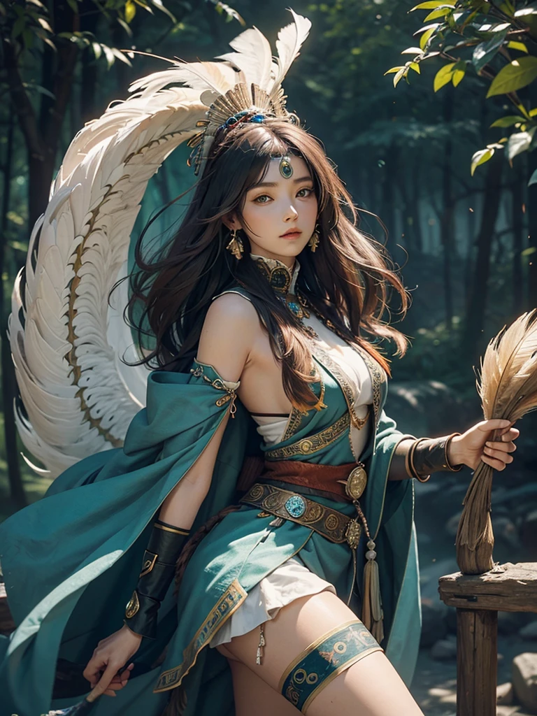 shaman girl, long legs. full colours In stone Valley. Big feathers, connected with earth
