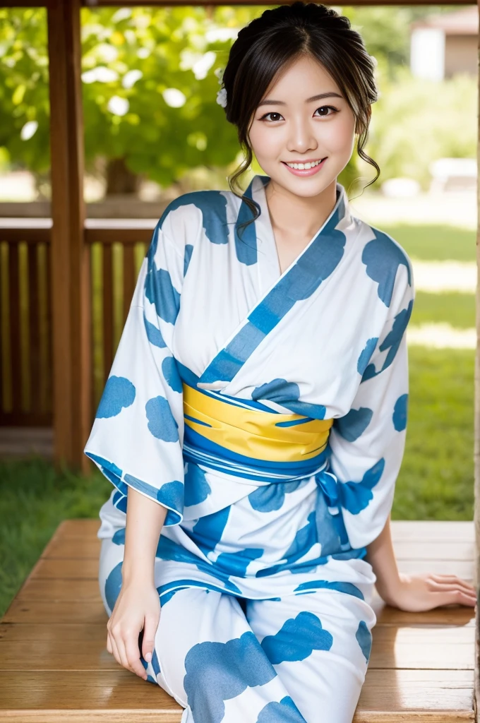 Pure Japanese yukata girl, wearing traditional yukata, natural hair styles, sweet smile, sitting relaxed mood, sweet temptation, sexual attractive, refreshing in early summer, professional portrait photography,