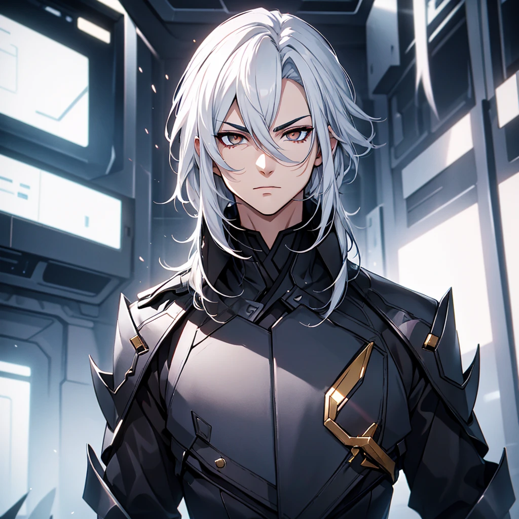 male character. black clothes. White hair. golden eyes. is in a futuristic setting.