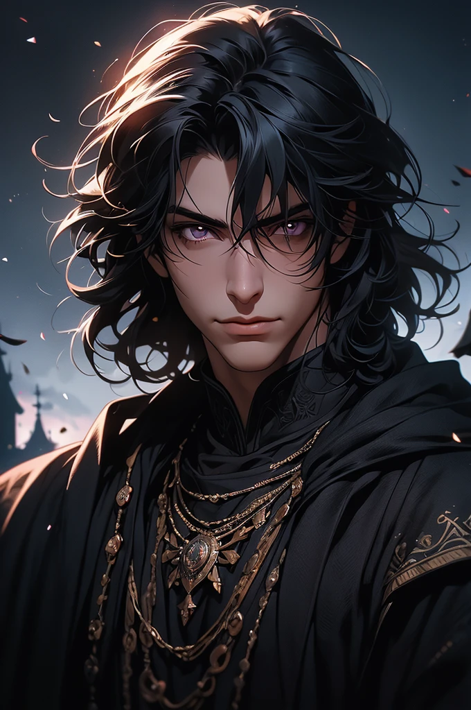 Portrait of a young boy, with dark gray hair, smooth and short, violet eyes. He wears black medieval clothes with a Cretan cape. He smiles sarcastically, in a medieval castle setting. 2d ART tormenta 20 style, d&D art, RPG art roguish smirk, handsome guy in demon slayer art, he's very menacing and evil, grinning lasciviously, dark light night, symmetrical face, symmetric eyes, fot realisitic, fot, Masterpiece artwork, realisitic, 真实感, rendering, hight contrast, photographingrealistic digital art trend on Artstation 8k HD high definition detailed realistic , detailded, texture skin, hiper detailded, Textura realisitic da pele, armour, best qualityer, ultra high-resolution, (fotrrealisitic: 1.4), high resolution, detailded, fot crua, sharp re, by lee jeffries nikon d850 film stock photographygrafiagraphy 4 kodak camera portra 400 lens f1.6 colors rich hyper realistic texture dramatic lighting irrealengine trending on artstation cinestill 800