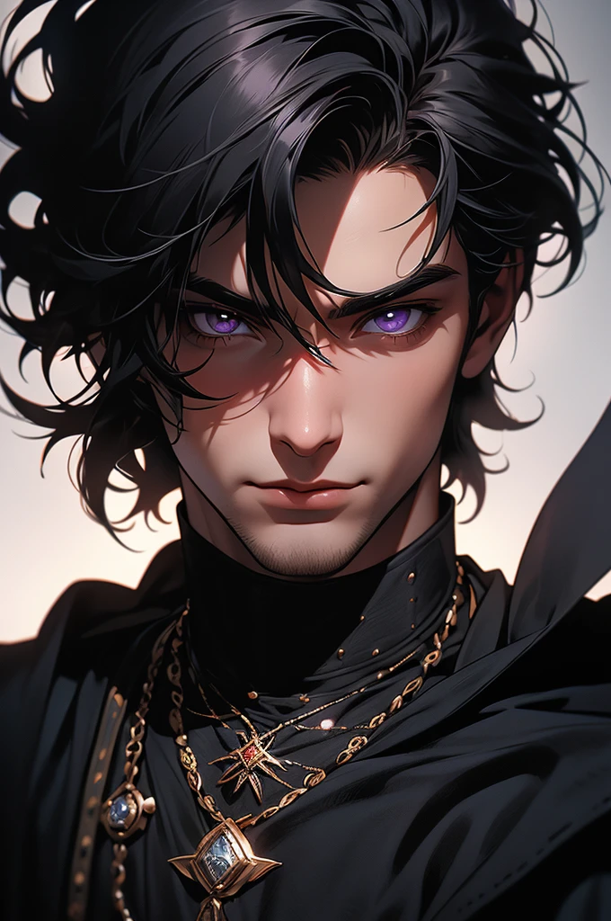 Portrait of a young boy, with dark gray hair, smooth and short, violet eyes. He wears black medieval clothes with a Cretan cape. He smiles sarcastically, in a medieval castle setting. 2d ART tormenta 20 style, d&D art, RPG art roguish smirk, handsome guy in demon slayer art, he's very menacing and evil, grinning lasciviously, dark light night, symmetrical face, symmetric eyes, fot realisitic, fot, Masterpiece artwork, realisitic, 真实感, rendering, hight contrast, photographingrealistic digital art trend on Artstation 8k HD high definition detailed realistic , detailded, texture skin, hiper detailded, Textura realisitic da pele, armour, best qualityer, ultra high-resolution, (fotrrealisitic: 1.4), high resolution, detailded, fot crua, sharp re, by lee jeffries nikon d850 film stock photographygrafiagraphy 4 kodak camera portra 400 lens f1.6 colors rich hyper realistic texture dramatic lighting irrealengine trending on artstation cinestill 800