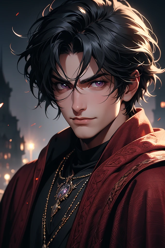 Portrait of a young boy, with dark gray hair, smooth and short, violet eyes. He wears black medieval clothes with a Cretan cape. He smiles sarcastically, in a medieval castle setting. 2d ART tormenta 20 style, d&D art, RPG art roguish smirk, handsome guy in demon slayer art, he's very menacing and evil, grinning lasciviously, dark light night, symmetrical face, symmetric eyes, fot realisitic, fot, Masterpiece artwork, realisitic, 真实感, rendering, hight contrast, photographingrealistic digital art trend on Artstation 8k HD high definition detailed realistic , detailded, texture skin, hiper detailded, Textura realisitic da pele, armour, best qualityer, ultra high-resolution, (fotrrealisitic: 1.4), high resolution, detailded, fot crua, sharp re, by lee jeffries nikon d850 film stock photographygrafiagraphy 4 kodak camera portra 400 lens f1.6 colors rich hyper realistic texture dramatic lighting irrealengine trending on artstation cinestill 800