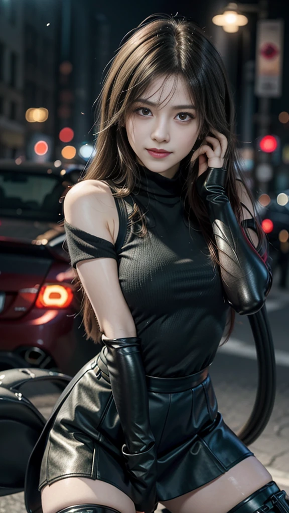 (8K, best quality, masterpiece: 1.2), (Practical, Reality: 1.37), Super Detail, A girl, Lovely, Solitary, (Tifa Lockhart), (Small Breasts), (漂亮的Eye), (Smile: 1.2), (closure), posture, dance, neon, city View, Depth of Field, Dark intense shadows, Clear focus, car, Motion Blur, 摩托car, Depth of Field, work, Glowing green, Final Fantasy VII, date, (nose brush), single Elbow pads, Ankle boots, Black Hair, Black skirt, black thighs, Red boots, Elbow gloves, Elbow pads, Fingerless gloves, Tight shirt, Good exercise, (suspender mini leather skirt), thigh, White vest, whole body, Headrest, Lips, Pretty Face, Low-tied long hair, (Red_Eye)), Flowers, (night: 1.3), complicated, Bokeh, light, Photon Mapping, Radiosity, Physically Based Rendering, (Tetsuya Nomura style)
