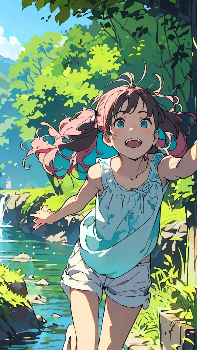 Affordable design, Clear lines, High Sharpness, (Highest quality,4K,Perfect sharpness,Ultra-fine,High resolution,masterpiece:1.2), Perfect Anatomy:1.5, Official Art, Illustrations that tell a story, (Whitish background:0. 9)、Body Positivity、Diverse physical expressions、(Random and strange poses))、Perfect beauty、Perfect beautiful face、(非常にStrong winds)、Rich expressiveness、Dynamic configuration、Golden ratio composition、colorful、((color々Different angles and perspectives))、Anime Drawings、((Overcoming stereotypes))、 Glowing Skin、(natureの美)、bangs、Straight Long Hair、(Soft and flowing hair)、(countryside)、Outdoor、((Nostalgic atmosphere))、((Playful and easygoing))、(diverse characters)、((Graceful posture))、(Sunny atmosphere)、(vivid color)、Shorts、Brown Hair、A light smile、 ((Emotional))、bangs、natureな反応、Summer clothing、(ponytail)、nature、Show off your thighs、Strong winds、Cheerful pose、((running))、Side angle、(pink hair, twin tails twin drill, show your forehead, blue eyes,