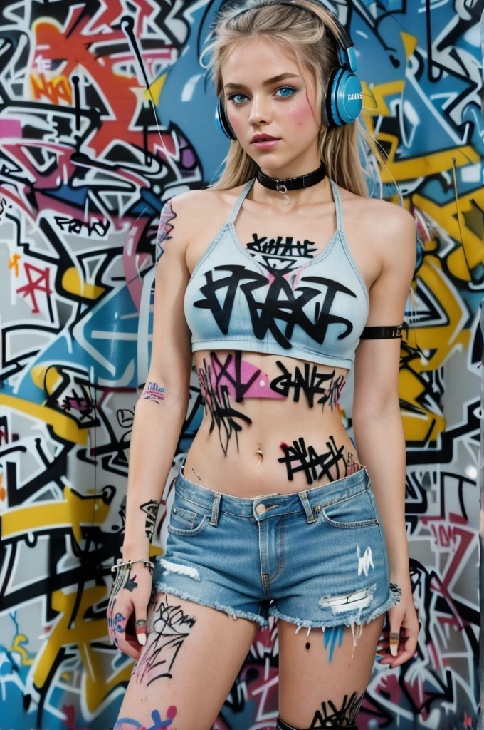 Masterpiece, Best Quality, 1 girl, Alone, crop top, denim shorts, choker, (graffiti:1.5), paint splash, arms behind the back, against the wall, looking at the viewer, bracelet, thigh strap, body paint, nod, bored, multicolor fur, aquamarine eyes, headphones, naked