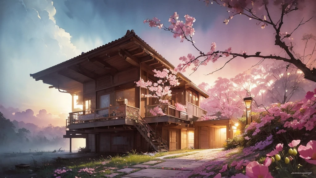 32k, Masterpiece, Highest quality, One girl, Brown Hair, Detailed eyes, flower,sweet pea, Pink and yellow style,A dreamy, romantic piece,Pale pink, Mysterious Leaves,A playful arrangement,Fantasy,High Contrast,Ink strokes,explosion,Exposure, Impression of pink and yellow tones,Abstract,((Watercolours by John Berkey and Jeremy Mann )) Brush strokes,Negative Space, Tyndall effect, White background