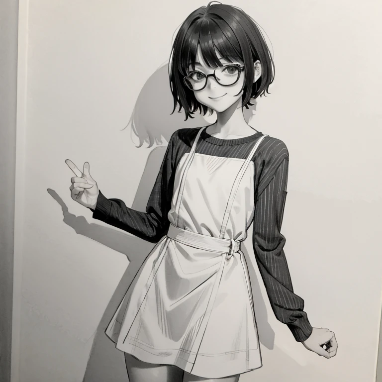 handle_sketch_style, ink, sketch,  masterpiece, Best quality, 1 girl, One, short hair, hair, eyes, embarrassed, shy, smile, closed mouth, dress, monochrome, shades of gray, masterpiece, Best quality,