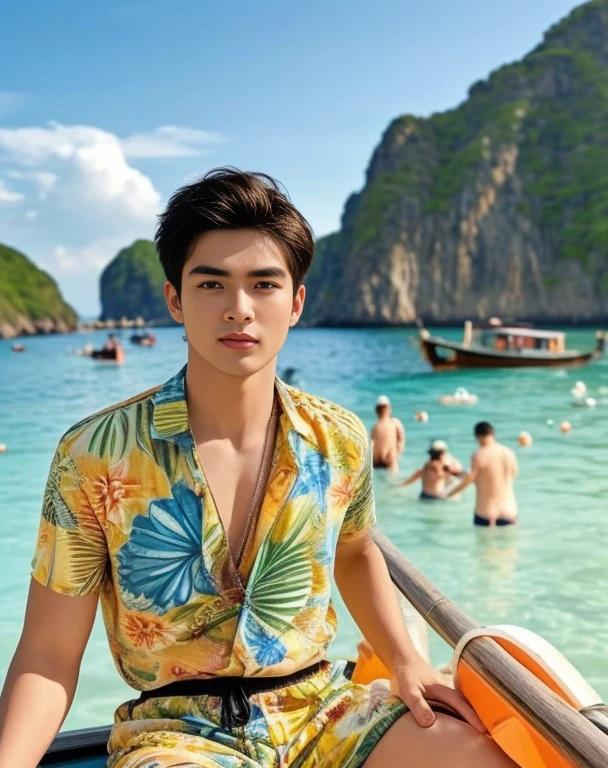 An Araf man stands on the beach with the sunset in the background.., portait photo Profile pictureture, Profile picture, Cleans the wide surface of the face.,  cute young man, headshot Profile pictureture, handsome man, Handsome and charming, Very charming and beautiful, Close-up of a Southeast Asian man with a round face.., black eyes, staring at the viewer, morning sun, ((face details)), Double eyelids, realistic, Masterpiece, Highest quality, lens flare, shade, [[Chromatic aberration, digital painting, 8K, 45,000,000,000 pixels,, t-shirt, short hair, black eyes,abdominal muscles, The body is beautiful and strong..,, (digital painting, HDR, high contrast