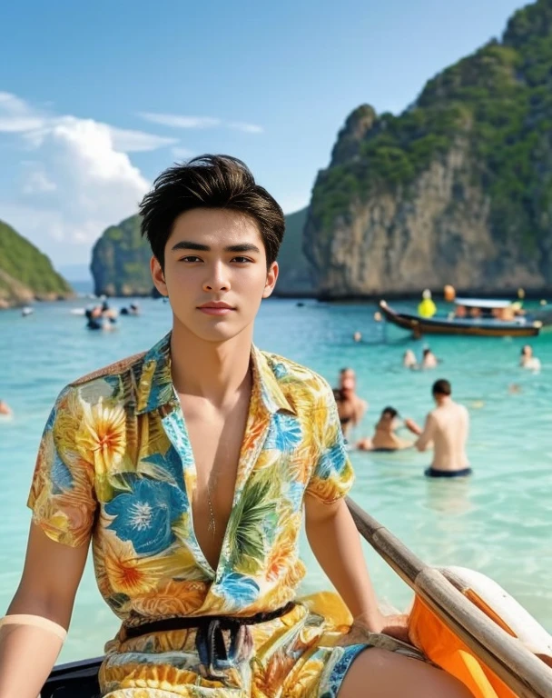 An Araf man stands on the beach with the sunset in the background.., portait photo Profile pictureture, Profile picture, Cleans the wide surface of the face., cute young man, headshot Profile pictureture, handsome man, Handsome and charming, Very charming and beautiful, Close-up of a Southeast Asian man with a round face.., black eyes, staring at the viewer, morning sun, ((face details)), Double eyelids, realistic, Masterpiece, Highest quality, lens flare, shade, [[Chromatic aberration, digital painting, 8K, 45,000,000,000 pixels,, t-shirt, short hair, black eyes,abdominal muscles, The body is beautiful and strong..,, (digital painting, HDR, high contrast