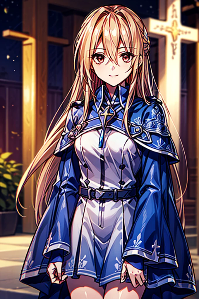 ((masterpiece))、(((Highest quality)))、((Super detailed))、((An illustration))、Attention to detail、Highly detailed CG Unity 8k、High resolution,One girl, Night Court,Long Hair, alone, Hair between the eyes, smile, Red eyes, Kind eyes,Floating Hair, Blurred background, Blonde, View your viewers, Blurred, Upper Body, very Long Hair, bangs, Shiny hair, leaf, Shiny, Capelet, Blue Cape,(((A red dress with a cross at the neck))),Yuina Shirakawa,