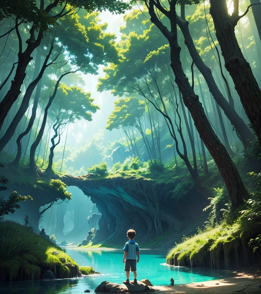 An adventurous boy, playing in a forest, with an enchanted lake and fantastic animals