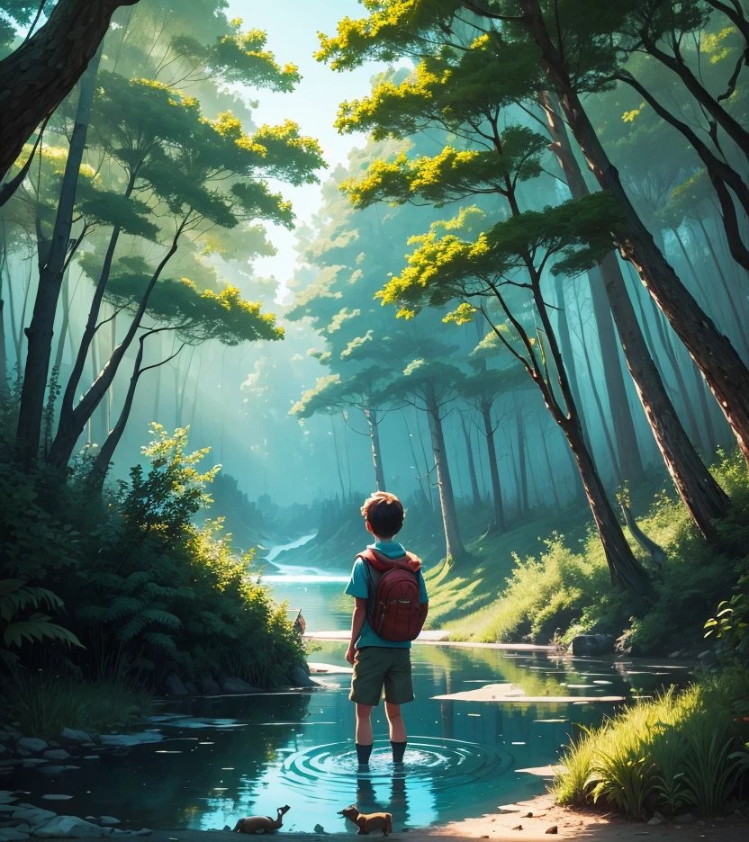 An adventurous boy, playing in a forest, with an enchanted lake and fantastic animals