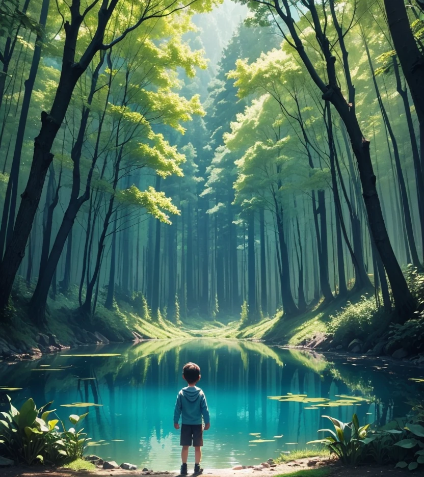 An adventurous boy, playing in a forest, with an enchanted lake and fantastic animals