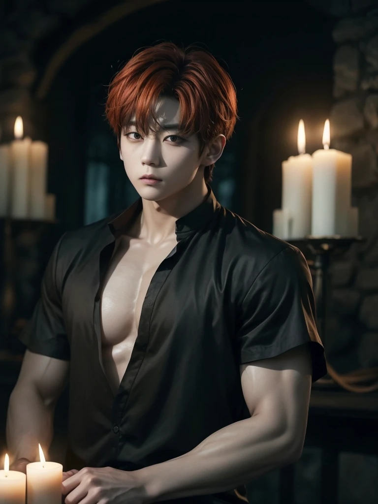Jungkook bts actor and kpop idol more realism in hair and clothing hair orange, Generate an image of a Korean Kpop idol with bright orange hair, dressed in a black shirt and a tunic of the same color, surrounded by dark witches and warlocks in a coven. The background must be dark and gloomy, lleno de velas y witchcraft symbols.Create a visual representation of a Korean Kpop actor, with a spinal crown on his head, dressed in a black tunic and black shirt in a coven setting. Around it, dark witches casting curses, with a shadowy forest full of candles as a backdrop.Produces an image where a Korean Kpop idol, recognizable by his bright orange hair, is immersed in an environment of witchcraft and curse. He is dressed in a black tunic and a dark shirt, surrounded by wizards and witches in a dark forest full of magical symbols.Korean kpop idol actor who is dressed in a black shirt, black tunic, with a crown of thorns on his head, he is in a witches coven, all dark witches, curse and witchcraft, the background that is dark dark, a black background in a forest full of candles and spells, witchcraft symbols, bright orange hair amidst candles at a coven. homme coréen musclé maléfique manly muscle man, Young muscular evil Asian, 30 years old, manly, serious, serious face, rough features. Let your muscles be shown, half your body exposed with snake tattoos.asian with strong muscles showing, rough masculine face, masculine manly manly features. Australian Canadian with a rough muscular face who shows off his muscles