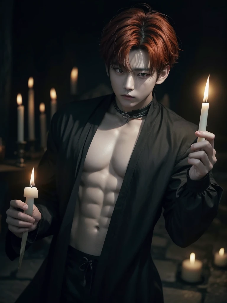 Jungkook bts actor and kpop idol more realism in hair and clothing hair orange, Generate an image of a Korean Kpop idol with bright orange hair, dressed in a black shirt and a tunic of the same color, surrounded by dark witches and warlocks in a coven. The background must be dark and gloomy, lleno de velas y witchcraft symbols.Create a visual representation of a Korean Kpop actor, with a spinal crown on his head, dressed in a black tunic and black shirt in a coven setting. Around it, dark witches casting curses, with a shadowy forest full of candles as a backdrop.Produces an image where a Korean Kpop idol, recognizable by his bright orange hair, is immersed in an environment of witchcraft and curse. He is dressed in a black tunic and a dark shirt, surrounded by wizards and witches in a dark forest full of magical symbols.Korean kpop idol actor who is dressed in a black shirt, black tunic, with a crown of thorns on his head, he is in a witches coven, all dark witches, curse and witchcraft, the background that is dark dark, a black background in a forest full of candles and spells, witchcraft symbols, bright orange hair amidst candles at a coven. homme coréen musclé maléfique manly muscle man, Young muscular evil Asian, 30 years old, manly, serious, serious face, rough features. Let your muscles be shown, half your body exposed with snake tattoos.asian with strong muscles showing, rough masculine face, masculine manly manly features. Australian Canadian with a rough muscular face who shows off his muscles