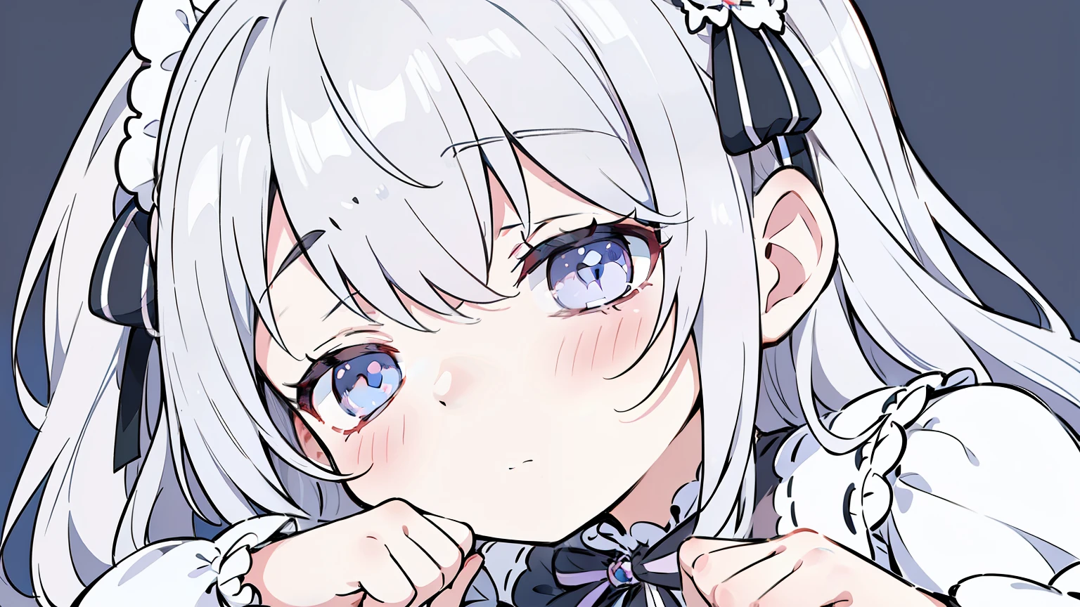 masterpiece, beautiful detailed, (wearing ta fashion), pastel color, Silver Eyes, Silver hair, Hair Ribbon, 1girl, medium breasts, hair ornament, hair intakes, ((sleepy)), ((from front)), close up, (((bold outline))), limited palette