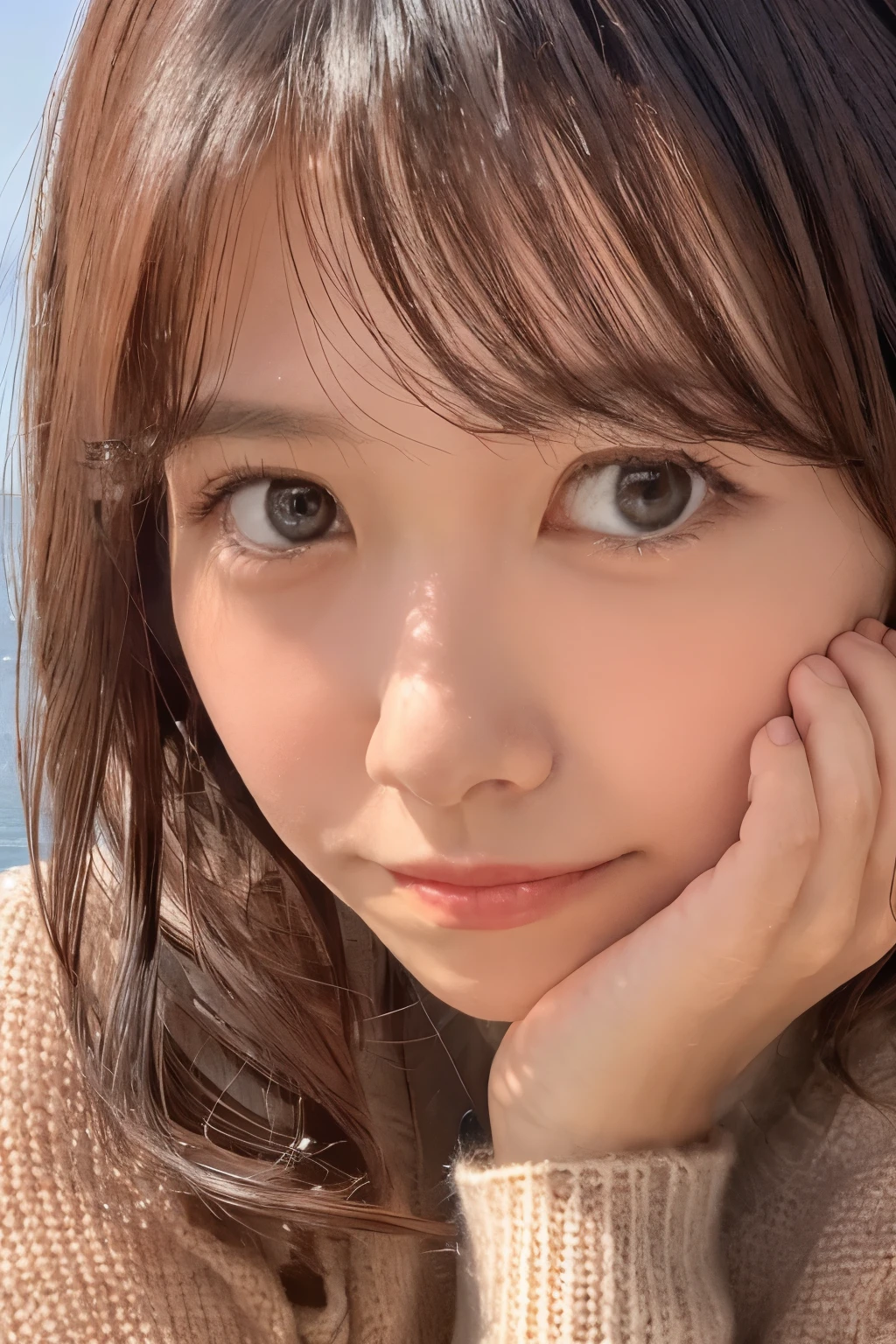 (knitwear), (top-quality, masterpiece:1.3, Super high resolution), (Photorealsitic:1.4, RAW shooting), Ultra-realistic capture, A highly detailed, high-definition 16K for human skin, Wistful, A skinny Japanese woman, 30 years old, cute face, ((Sadness face)), detailed face, detailed eyes, ((correct anatomy)), A dark-haired, Middle hair, ((Background of the sea in a starry night)), (((looking up afar at starry sky))), hair blowing in the wind