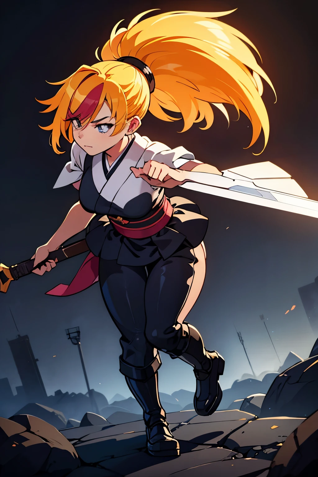 a woman in a black outfit holding a sword, elegant pose, inspired by Kusumi Morikage, inspired by Kanō Hōgai, inspired by Kano Sanraku, inspired by Kawabata Ryūshi, female samurai, Japanese anime style, anime character style, detailed portrait, cinematic lighting, highly detailed, digital painting, masterpiece, intricate details, cinematic composition, award winning digital art, sharp focus, photorealistic, 8k, vibrant colors, dramatic lighting, chiaroscuro, moody atmosphere, full body shot,