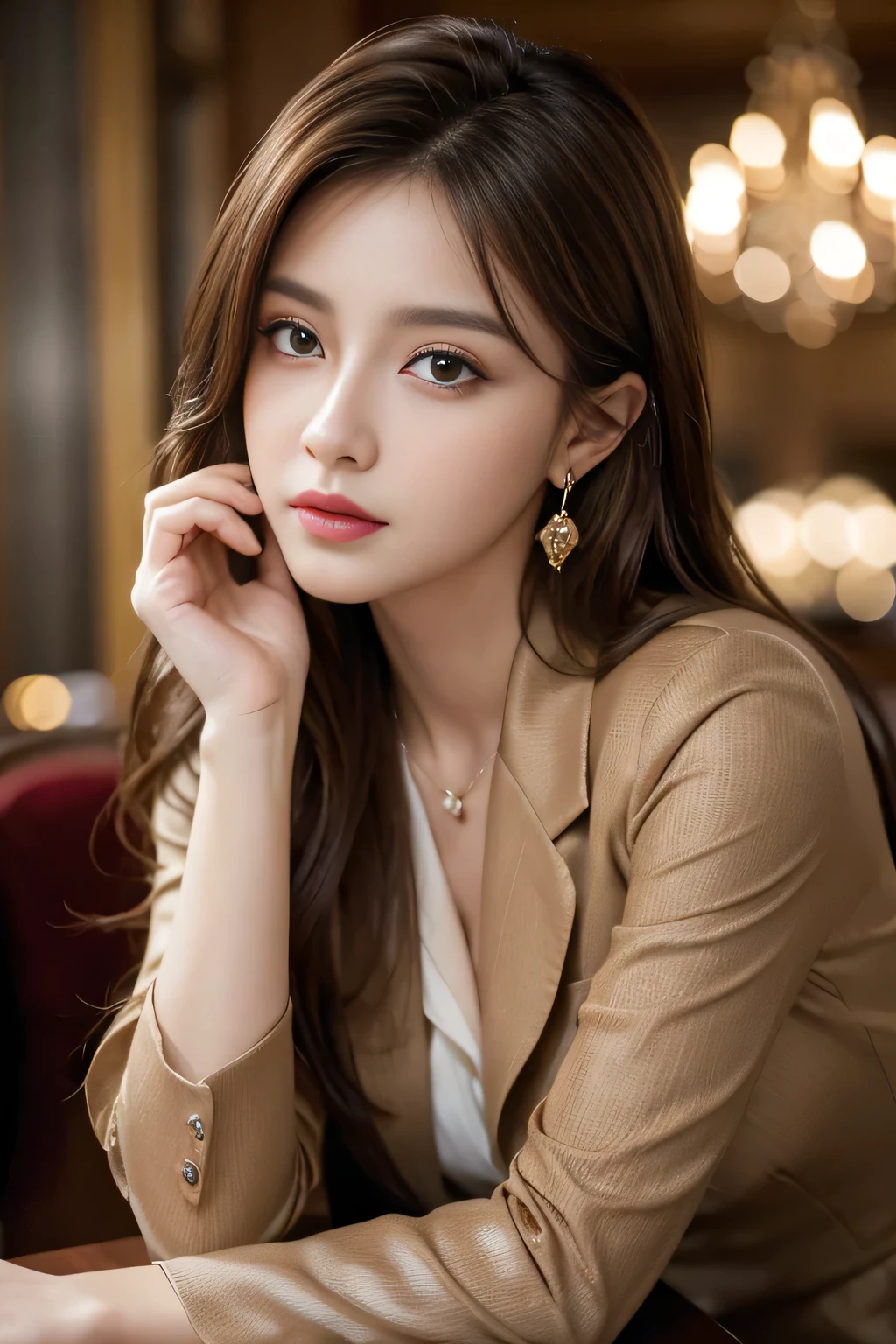 masterpiece, Highest quality, Realistic, Very detailed, Finer details, High resolution, 8k wallpaper, One beautiful woman, Wear a nice suit, In a great restaurant, At night, Light brown messy hair, Perfect dynamic composition, Beautiful and beautiful eyes、Big earrings、Sit on a chair、