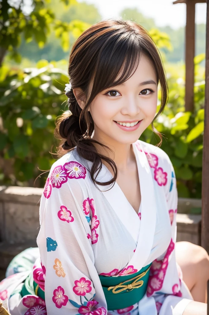 Pure Japanese yukata girl, wearing traditional yukata, natural hair styles, sweet smile, sitting relaxed mood, sweet temptation, sexual attractive, refreshing in early summer, professional portrait photography, 