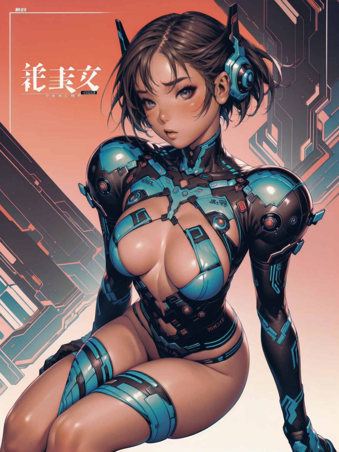 ((best qualityer)), (((clothes 100% baby blue))), (((slim))), (Muscles), (((Red suit))), ((Perfect masterpiece)), (detailded: 1.4), (absurdrez), (((Bob Hair))), (((full body fitness, neckline showing part of the breasts)), (((short hair woman, blushful))), 21 year old woman, beautiful sexy woman, giant robot pilot, wild with perfect corpo fitness, wearing small mecha battle armor clothes, tiny thong, Simon Bisley styled for the cover of Heavy Metal magazine, clothing with Japanese cyberpunk graphic patterns, Halftone pattern and vertical stripes, earth tone, exiting the body of a giant robot