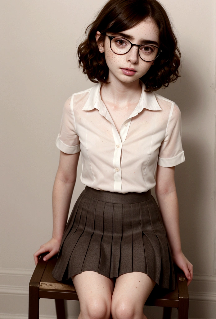 Lily Collins, (plain white short-sleeve formal shirt), (black color, pleated skirt),((, shoulder length messy curly dark brown hair, pale skin, face freckles, wears glasses)), Irish tween girl fitness model, full body picture, Detailed skin, Looking at Viewer, Perfect Style, (from above: 1,4), (((Spread your legs, Sit with your knees bent)))), (NSFW)