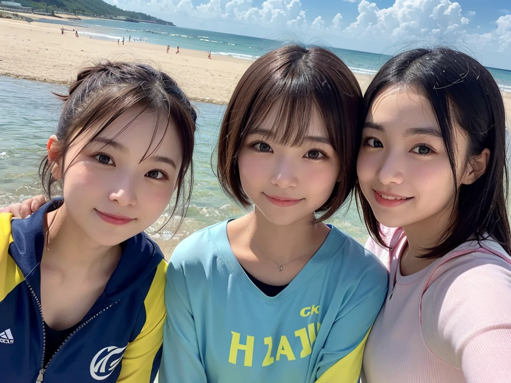 Very detailedな CG Unity 8k 壁紙, Highest quality, Very detailed, masterpiece, Realistic, Realistic, Very detailedな日本のかわいい女の子, (18Year), blush, Round eyes, Thick eyebrows chest, Semi Body Shot, High-resolution RAW color photos, Professional photos, Portrait of sexy girl、Anatomically correct body shape、Healthy body shape、Brown short hair、smile、naked、Beach volleyball player、Write your hair、Front view、Wearing a jersey jacket、Show your side、Wet Skin、Wet Hair、Avoid the same pose、Twin girls、Selfie for 2 people