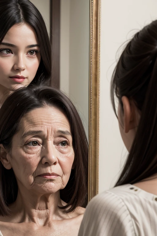 create an image of a young woman looking in the mirror, but she sees an ugly old woman who is 100 years old