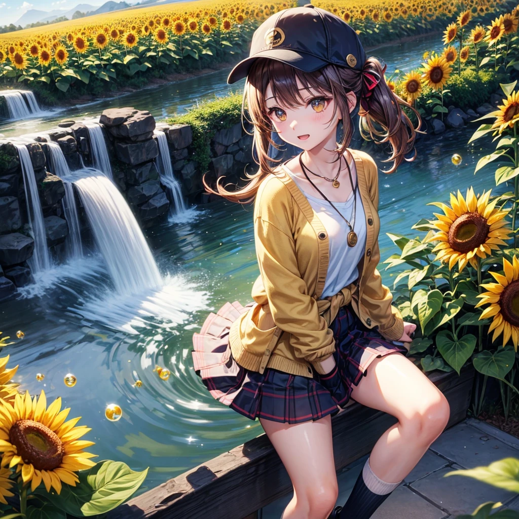Red, brown, gold, gold hair、Golden Eyes、Hair tied up、One good looking girl、solo、anime、Checkered mini skirt、Ruffles on the skirt、Lightweight cardigan、school uniform、Black knee-high socks、Wearing a baseball cap、Ribbon、Ribbon on waist、Teeth are visible、Silver coin necklace、From above、Sunflower Tunnel、Cobblestones、waterfall、Have sunflowers、Starry Sky、Midnight Moon、suspension bridge、Soap bubbles are flying、mosquito、beam、ripple