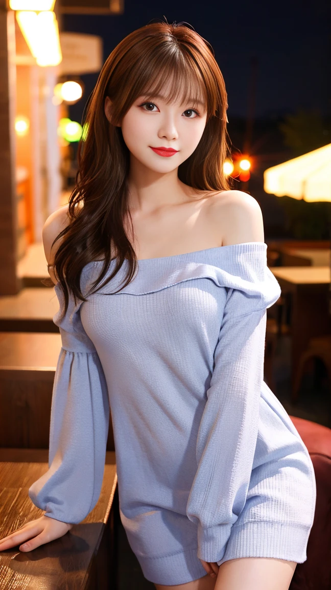Highest quality、8k wallpaper、Reality:1.4、Photographed by a professional photographer、Cinema Lighting、View your viewers、background:Gorgeous bar lounge at night、1 beautiful girl、Japanese Idol、30 years old、Beautifully detailed eyes、Detailed face、Beautiful Skin、Slender、Slim waist、Thin legs、Red lipstick、Fancy hairstyle:1.8、Random hair color、Light Hair、Asymmetrical bangs、Off-the-shoulder dress、I can see your chest 、smile:1.4、Seductive pose