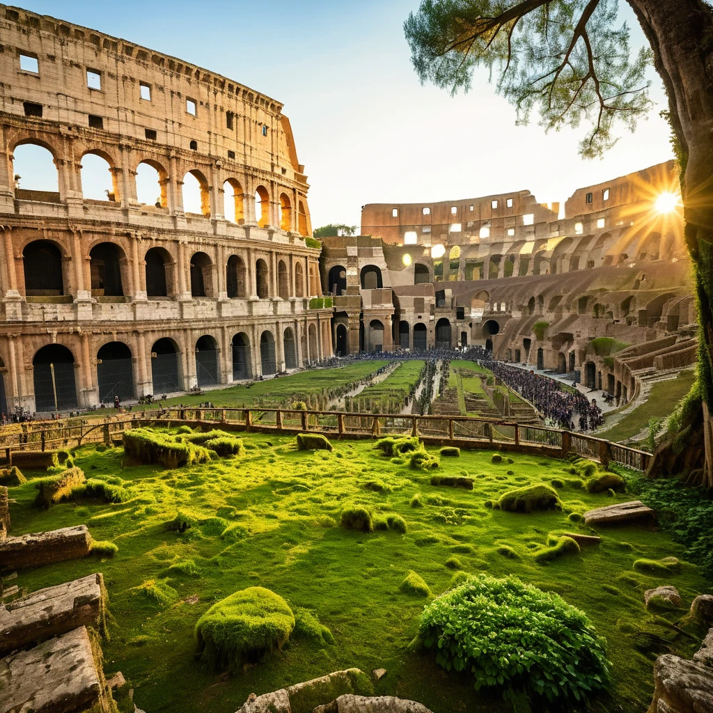 scenario: The Colosseum in Rome, abandoned for years, with nature invading its iconic structure. The large stone archways are covered in moss and vines, with some collapsed sections and debris scattered across the floor. The interior of the arena is partially covered in tall grass and bushes., with tree roots extending through the walls and floor. The old stands are in ruins, with broken pieces of stone and marble. The environment is silent and desolate, with the occasional sound of leaves rustling in the wind. The soft light of dawn illuminates the arena, highlighting the grandeur of the Coliseum and the beauty of the nature that surrounds it.

Camera: Low angle panoramic view, capturing the grandeur of the Coliseum and the areas invaded by vegetation. Soft natural early morning lighting, emphasizing the vibrant colors of the moss and plants, as well as the architectural and historical details of the Colosseum.